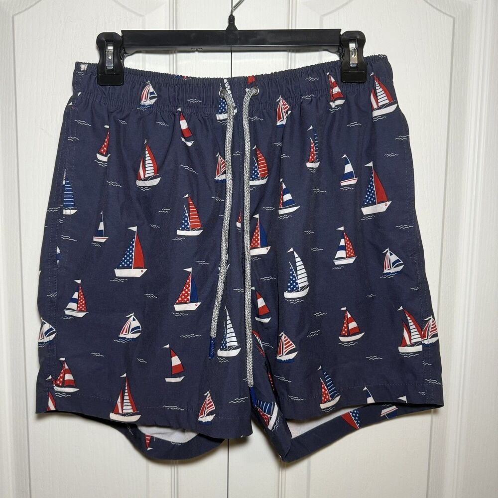 Rainforest Men’s Navy Blue Patriotic SailboatsSwim Trunks Shorts Mesh Lining Med